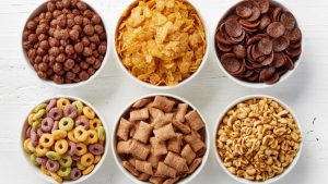 Bowls of various cereals from top view